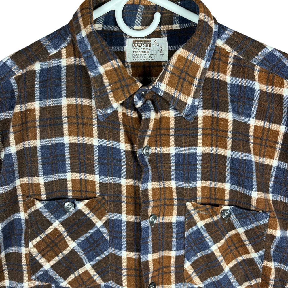 Montgomery Ward Flannel Shirt Mens XL Brown Blue Plaid Long Sleeve Vintage